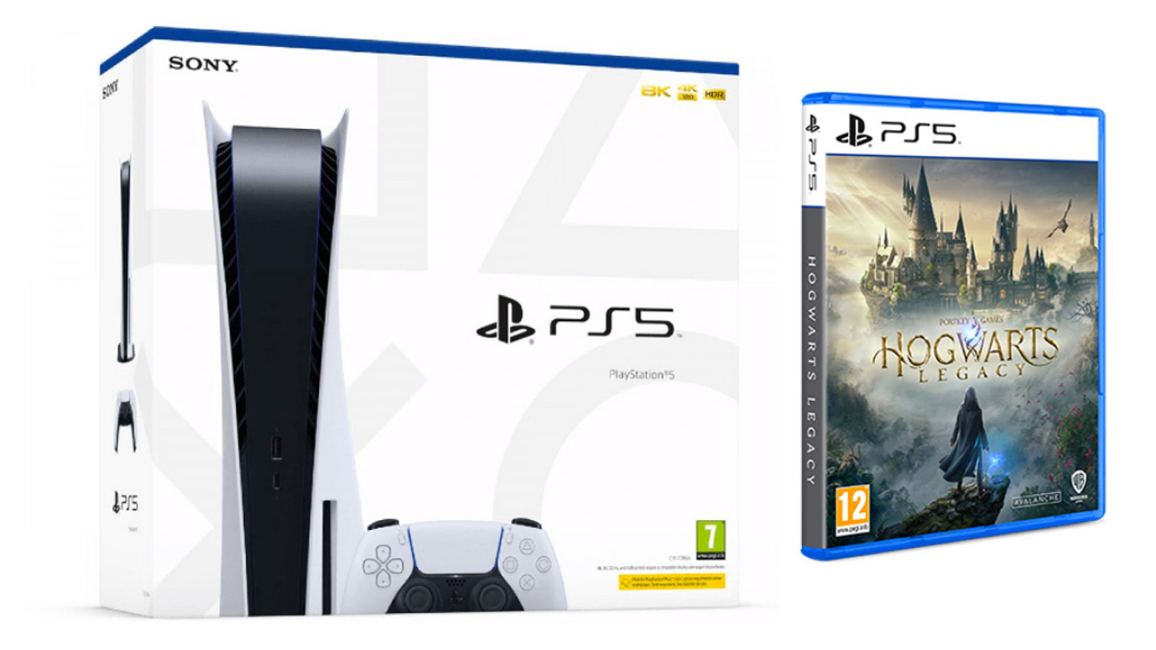 A PS5 console and Hogwarts Legacy bundle.