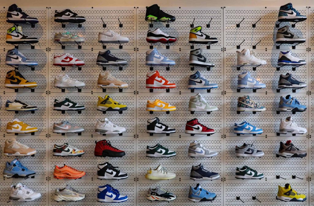 A wall of sneakers.