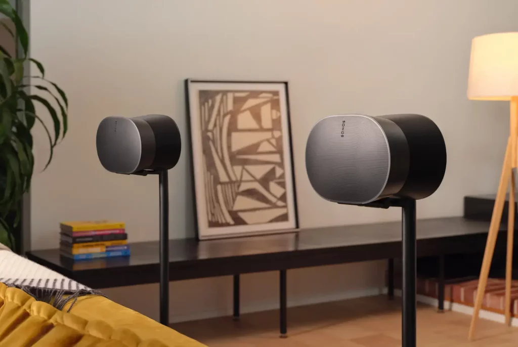 Two Sonos Era 300 speakers on standin a living room