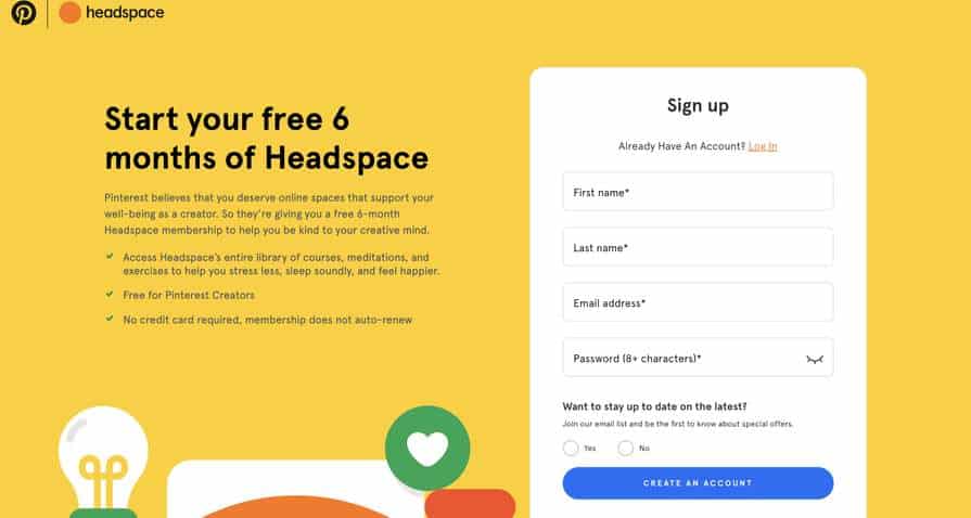 Headspace sign up page. 