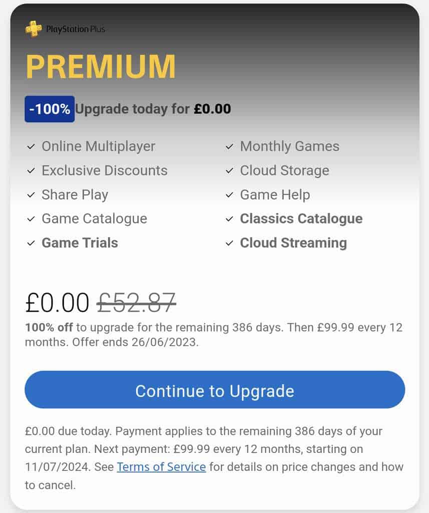 Image of the deal for PS Plus free premium upgrade.