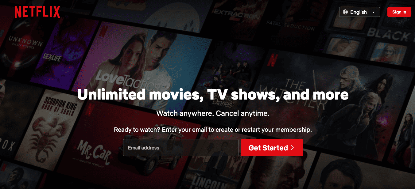 Netflix homepage with the option to enter the email address.