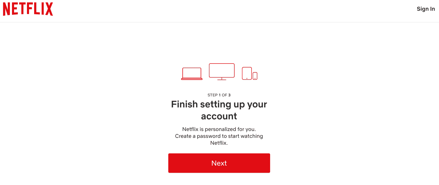 Step 1 of process to set up Netflix account.