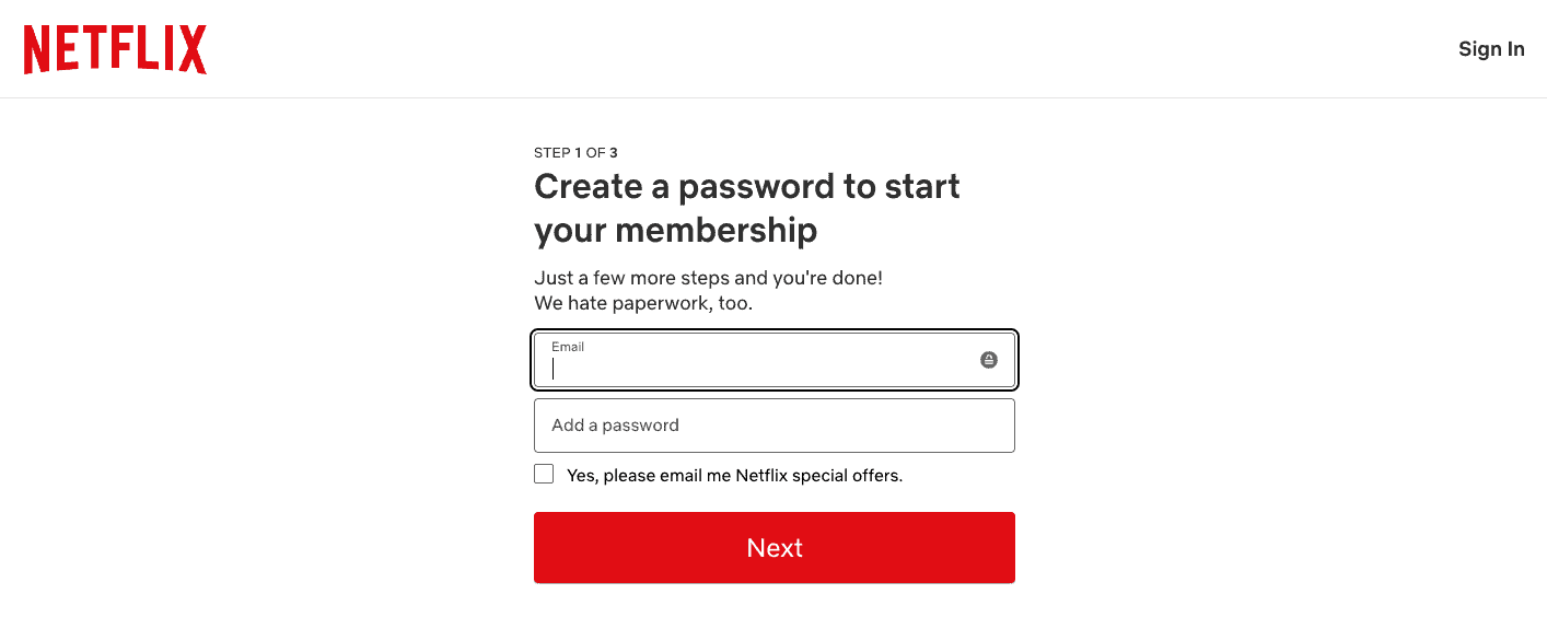 Create a password to sign up for Netflix.