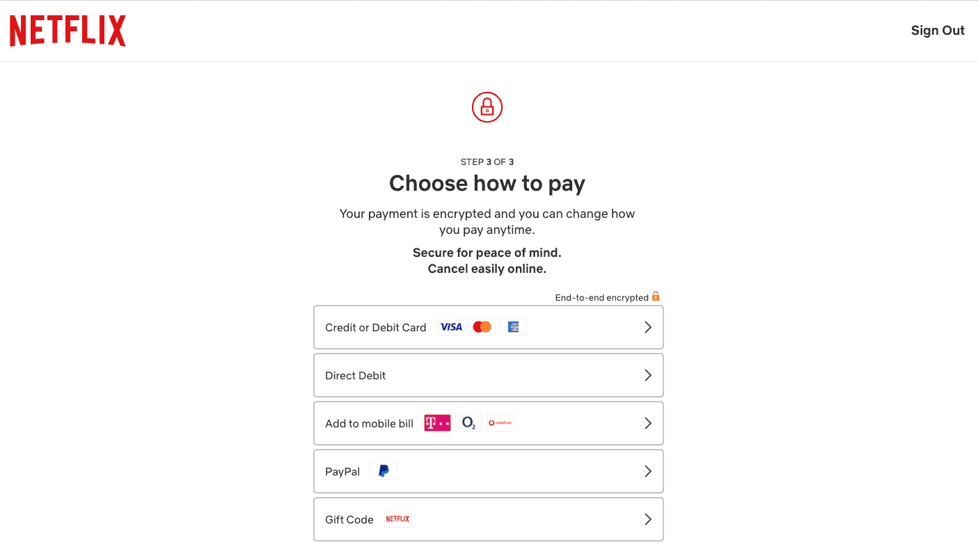 Choose the payment method to sign up for Netflix.