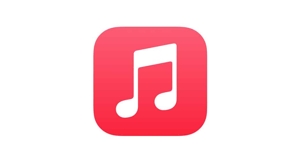 Apple music logo consisting of a white background with a white eighth note inside the a pink square.