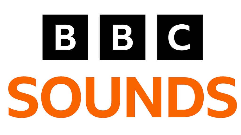 The logo of BBC Sounds in black and orange letters