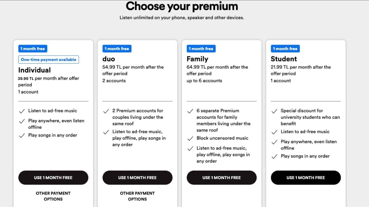 Screenshot of Spotify Turkey's sign up page, showing different plans available.