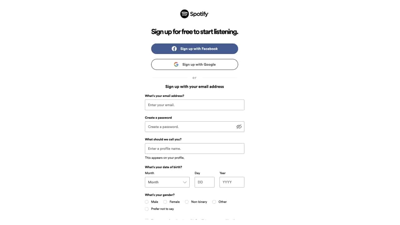 Screenshot of Spotify sign up page.