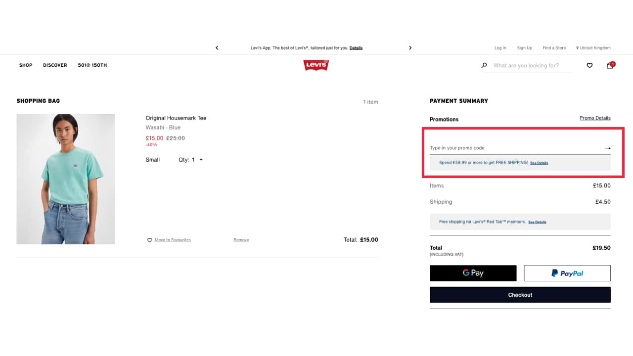 screenshot of Levi's student discount redemption