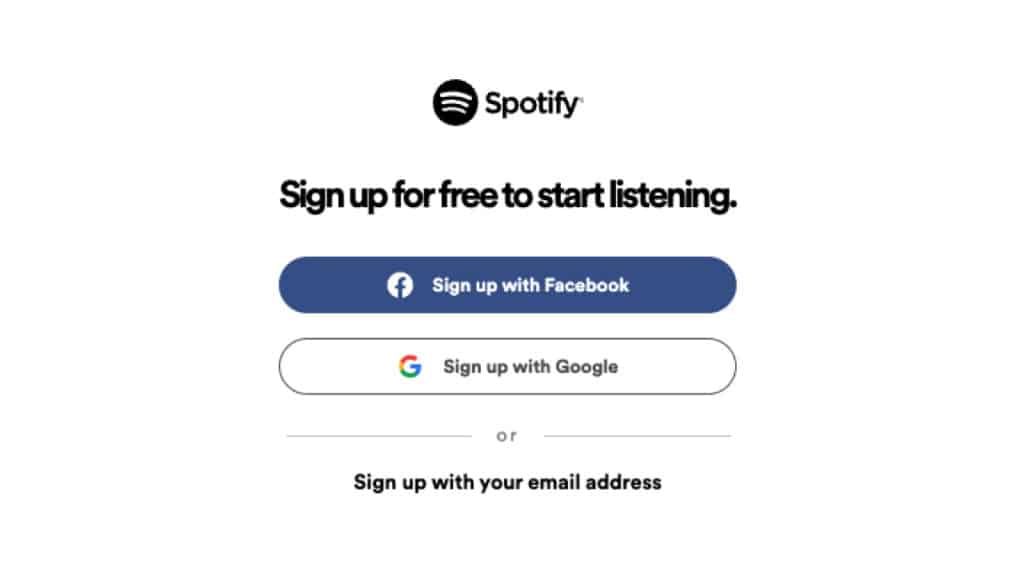Screenshot of Spotify sign up page for a free account.