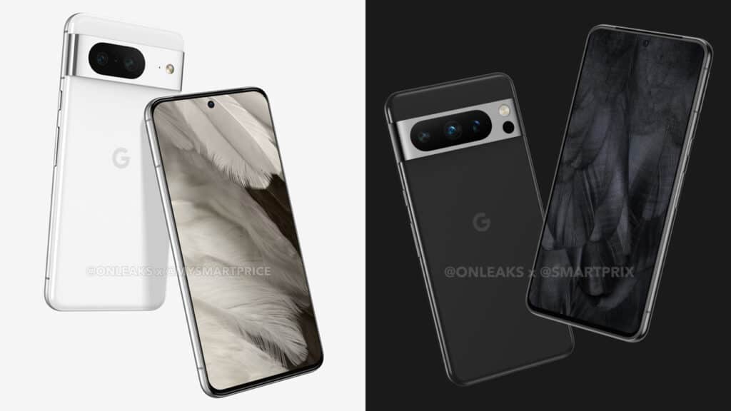 Renders of the Google Pixel 8 (left) and Pixel 8 Pro (right)