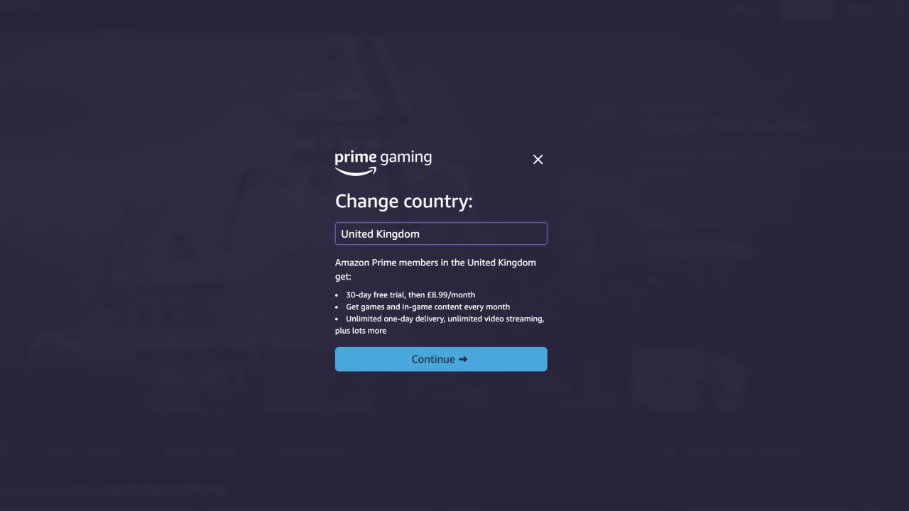 Prime Gaming sign up page, choose country box