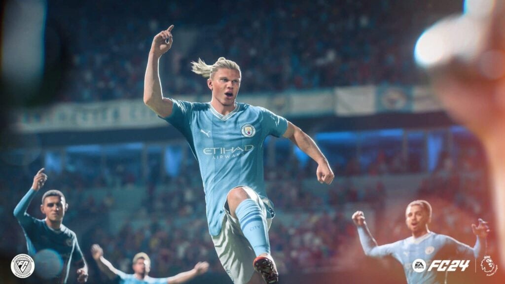 Promotional image from the EA Sports FC 24 video game featuring Norwegian player Erling Haaland.
