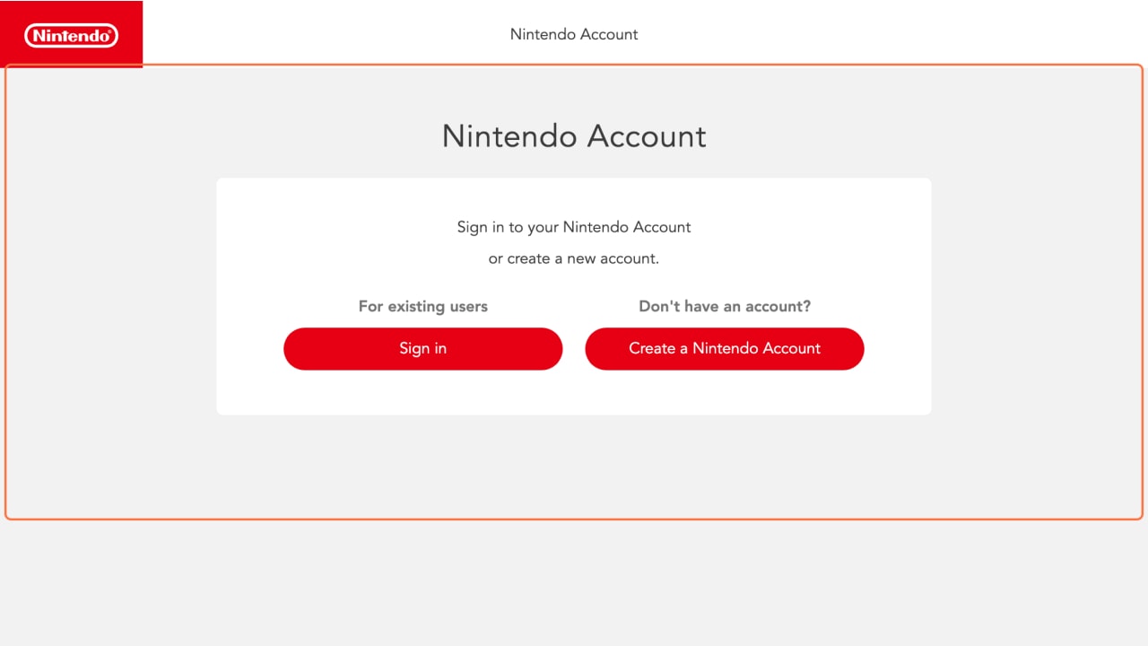 Screen capture from Nintendo website sign in / sign up page