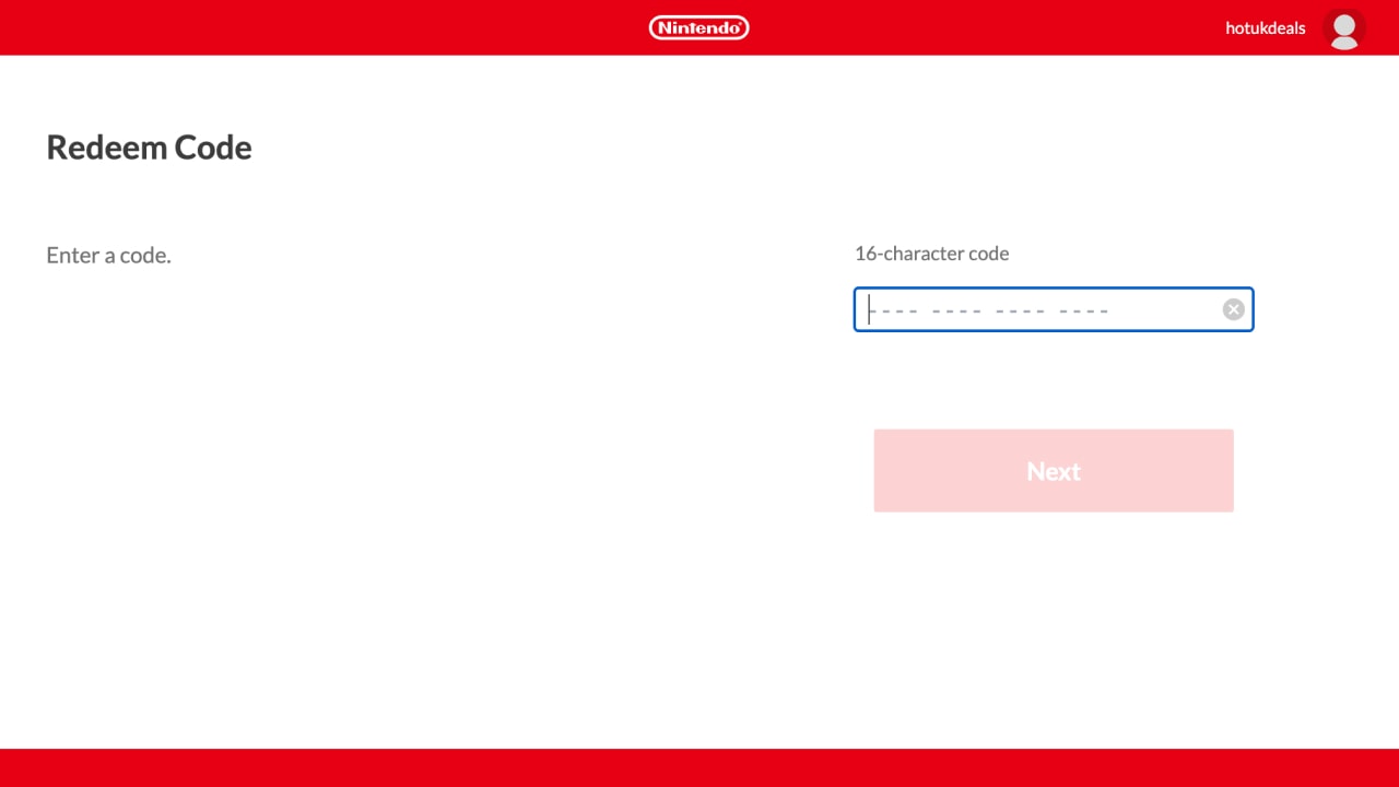 Screen capture from Nintendo website, redeeming membership code.