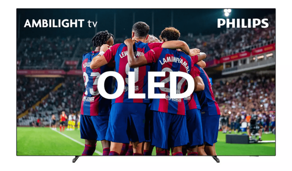 Footballers celebrating on an OLED screen