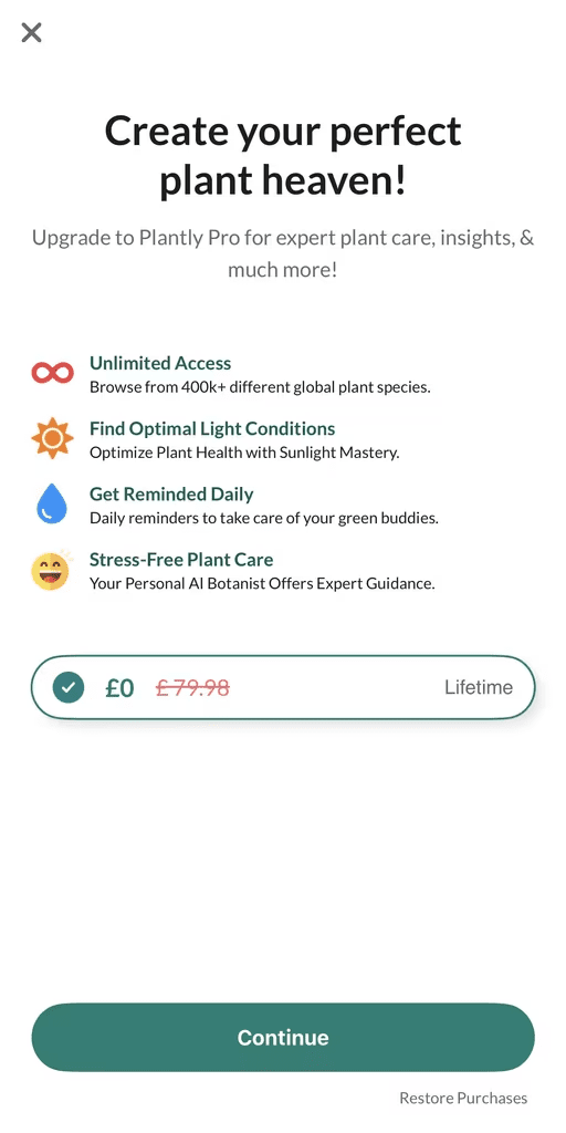 Screenshot of PlantOn app lifetime subscription page. 