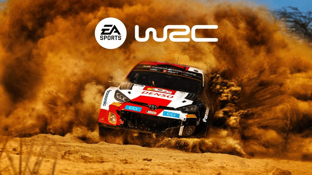 Rally car driving through desert 