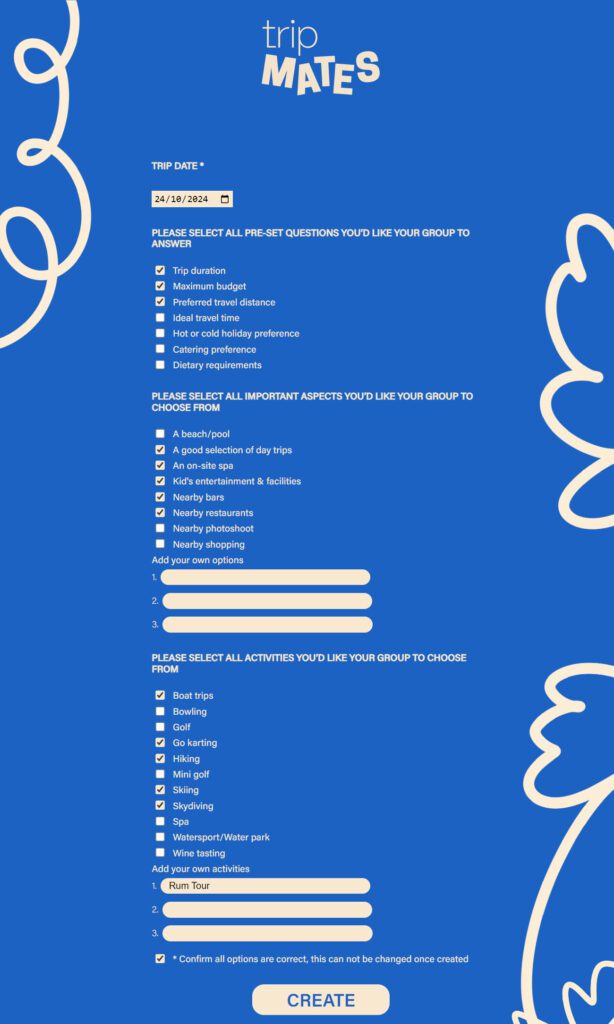 Within the TripMates form, multiple-choice questions covering key trip aspects such as budget, destination preferences and activity ideas are answered.