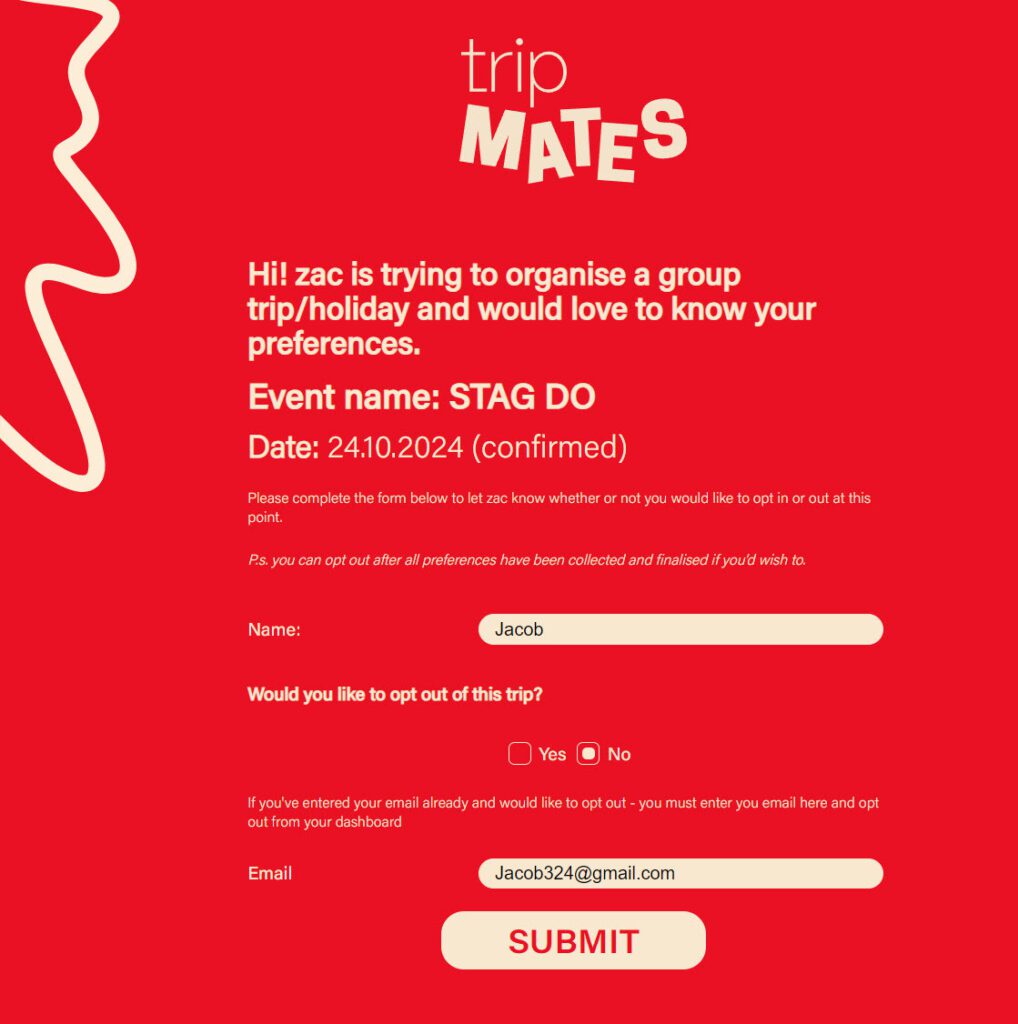 Attendees get a TripMates email and a request to fill in a form anonymously.